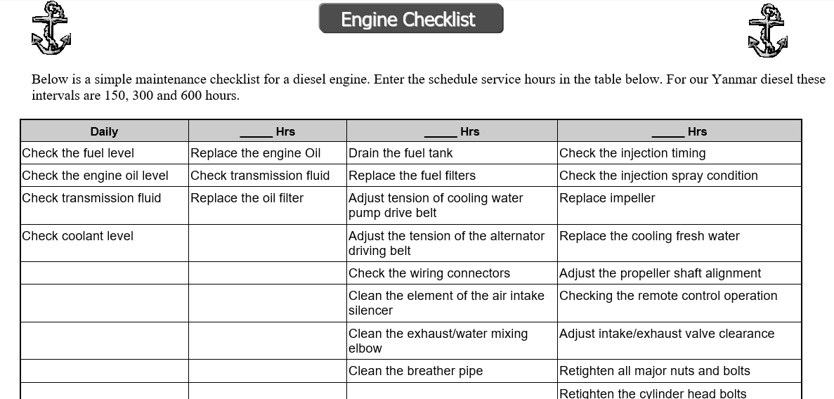 boat log Engine checklist